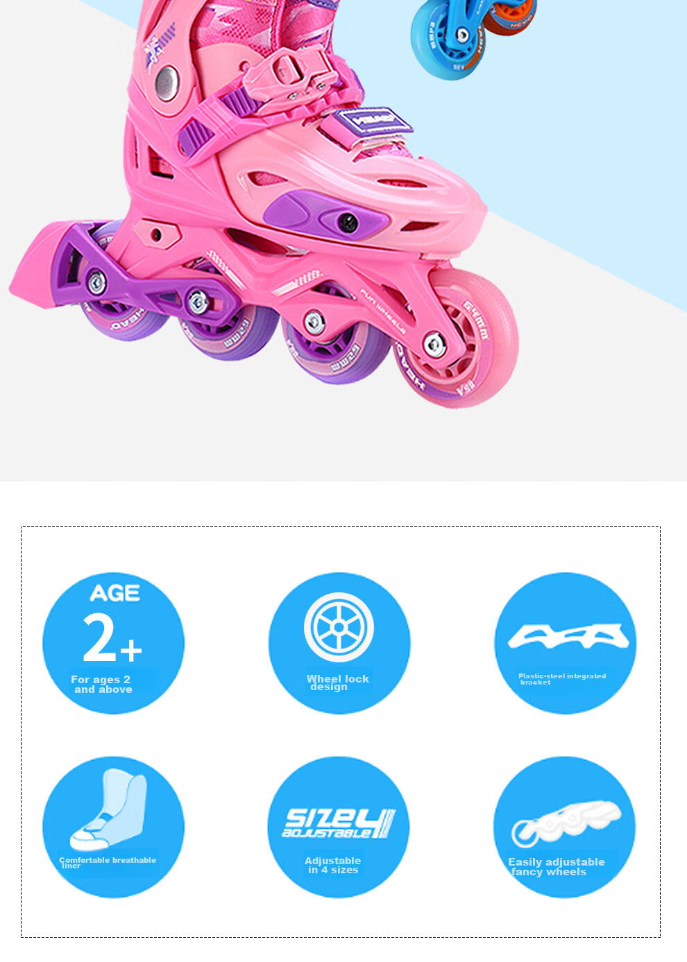 HEAD Professional Roller Skates for Children, Boys And Girls Beginners, Inline Skates, Flat Flower Casual Ice Skates, S5 Pink, Size L 3