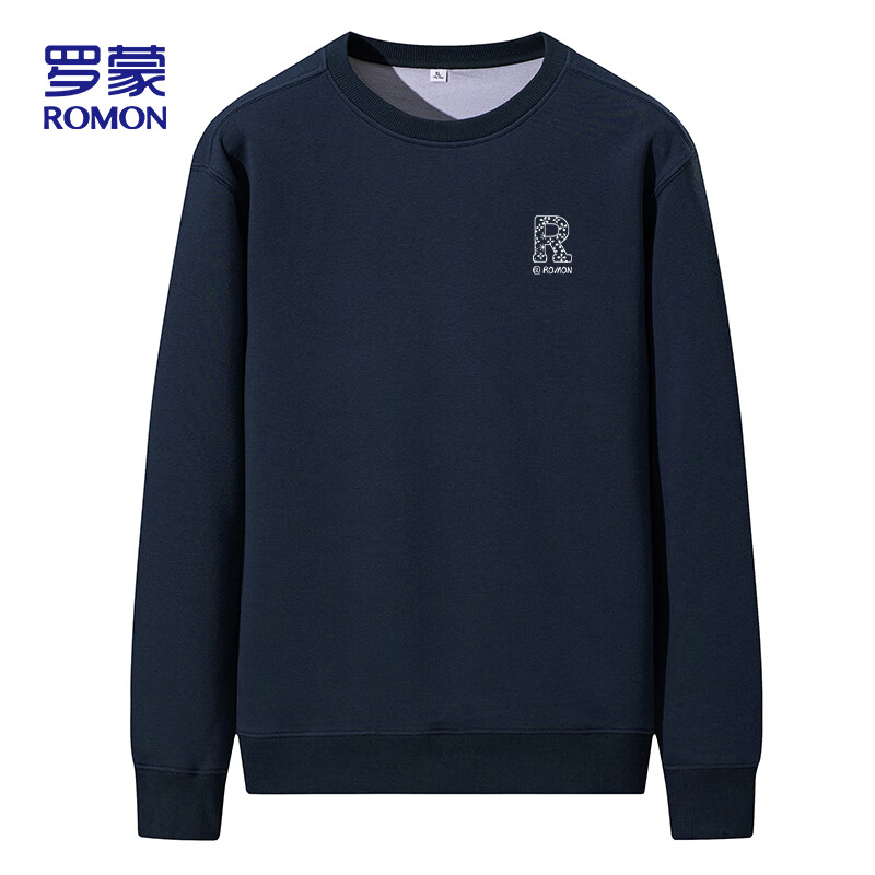 ROMON Men's Sweatshirt Spring Autumn Casual Simple Loose Pullover Crew Neck Long Sleeve T-Shirt Base Layer Jacket WY02 Navy Blue L