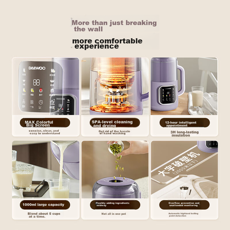 DAEWOO High-Speed Blender, Home Soy Milk Maker, 1L Micro-Pressure, for 2-3 People, Fully Automatic, Quiet Operation, Multi-Grain, No-Cook Juicer, Food Processor, Purple SM09