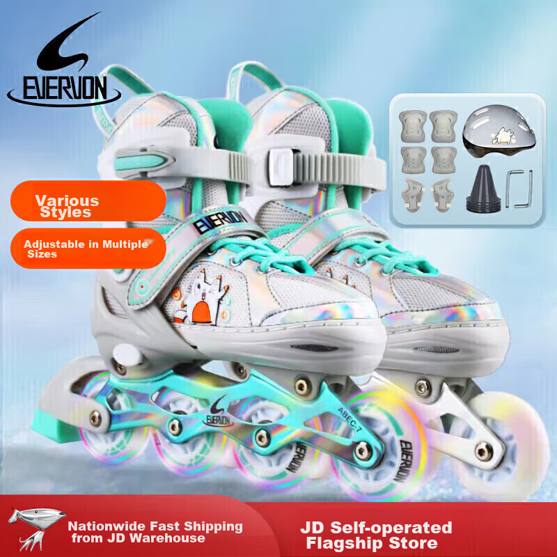 EVERVON Roller Skates for Children 088 Boys And Girls Full Flash Inline Skates with Helmet And Protective Gear Size S Fits 30-33