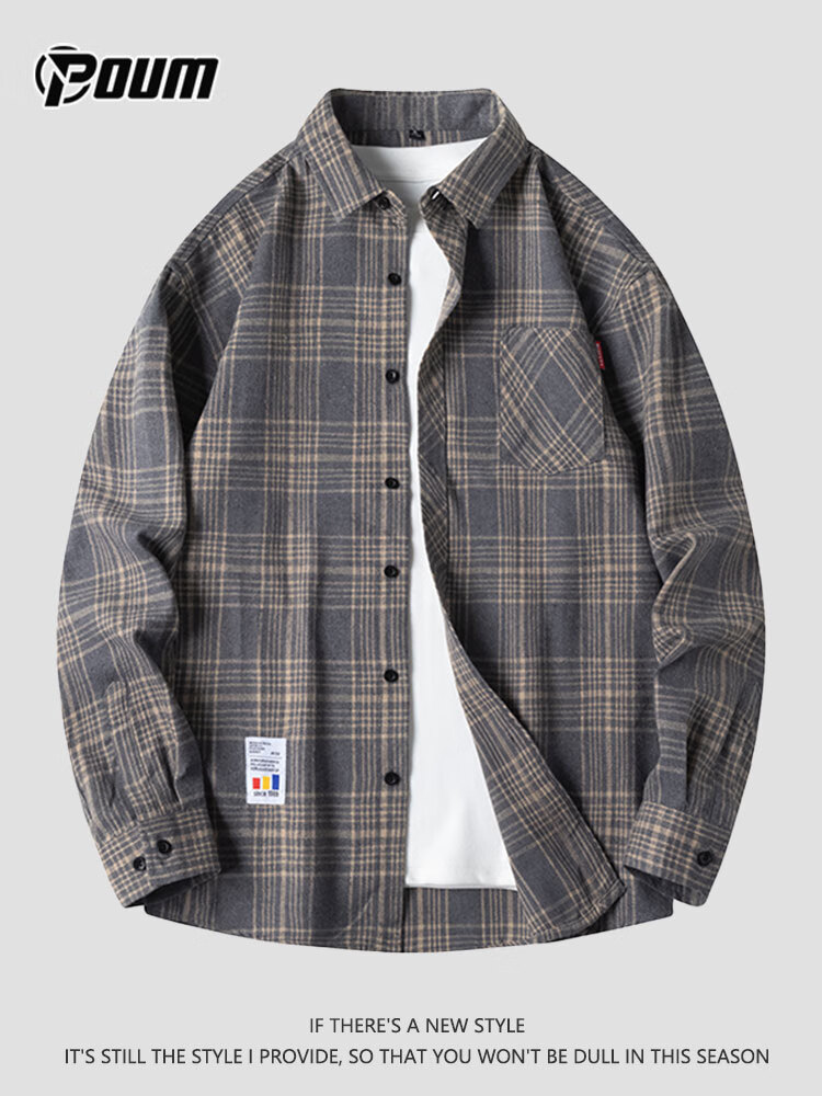 POUM Plaid Shirt Jacket for Men, Spring And Autumn Long-Sleeve Casual Shirt, Trendy Menswear, 2108 Gray, Size L 2