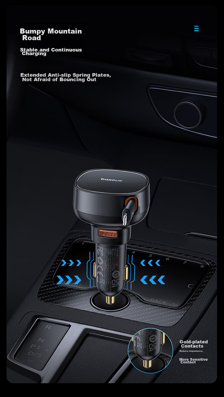 Baseus Car Charger Cigarette Lighter Three-In Super Fast Charging Adapter with Retractable Cable Compatible with Apple, Huawei, Xiaomi 16