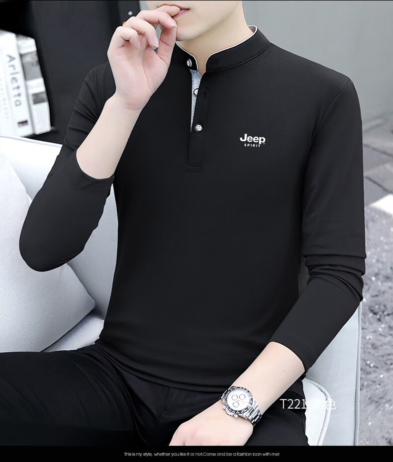 JEEP SPIRIT Men's Long-Sleeve T-Shirt, Spring And Autumn Business Casual Outdoor Polo Shirt, Solid Color Undershirt, Black, XL 11