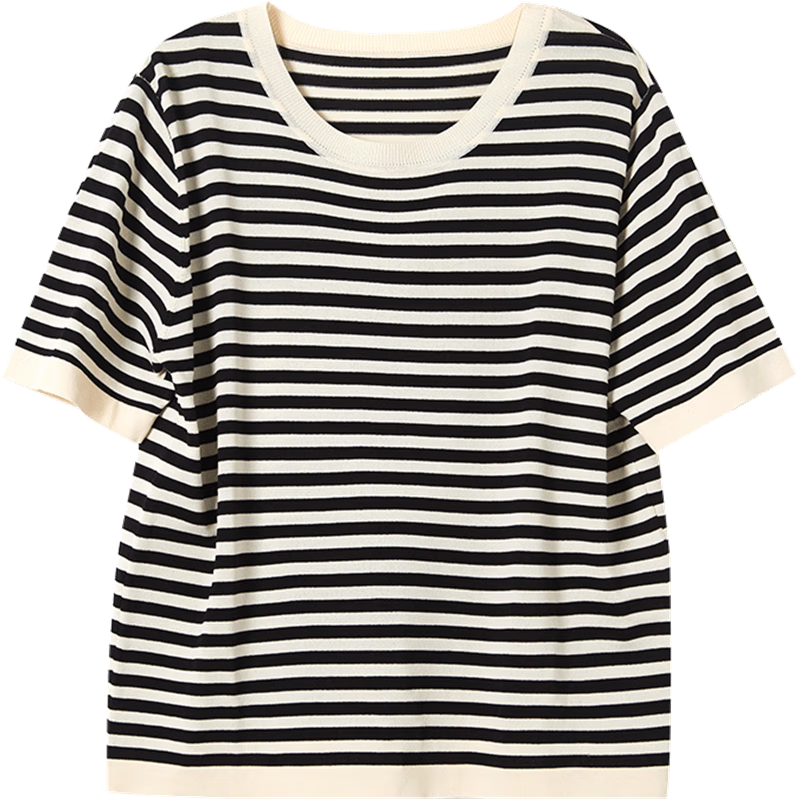 Dme [Hyperbolic Ice Linen Sweater] Summer Round Neck Short Sleeve Striped Knit Top for Wome
