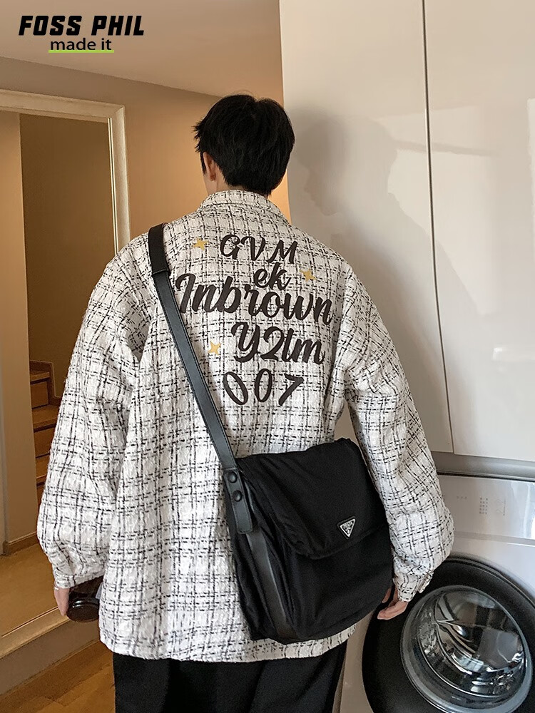 Foss Phil Men's Jacket, Spring And Autumn Fashion Brand Chanel-Style Coat, Plaid Lapel, Korean Version Loose Outerwear, FPJK10 Black M 13