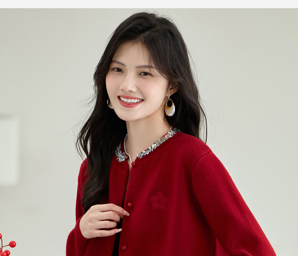 Taxiang Knitted Cardigan for Women, New Year Outfit, Red Sweater Coat with Sequins And Embroidery, Women's Cardigan Top T143Z3012 14