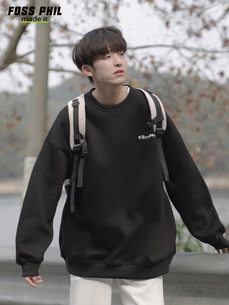 Foss Phil Men's Sweatshirt, Autumn And Winter Trendy Cartoon Print, Loose Casual Round Neck Base T-Shirt Top, FPW5 Black M 18