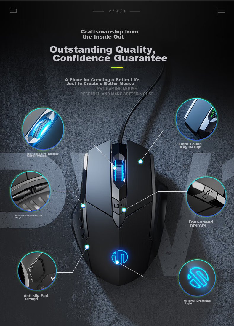 INPHIC PG9 Wired Gaming Mouse, E-Sports Macro, Right-Handed Universal RGB Mouse for PUBG/LOL/CSGO, Compatible with Desktop And Laptop, 12800 DPI, Black 2