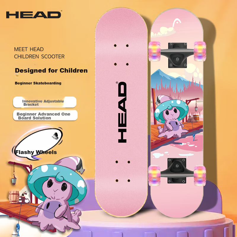 HEAD Children's Skateboard for Beginners, Four-Wheel Light-Up Double-Kick, for Boys And Girls Aged 3-9, Professional Entry-Level Skateboard, Pink Octopus