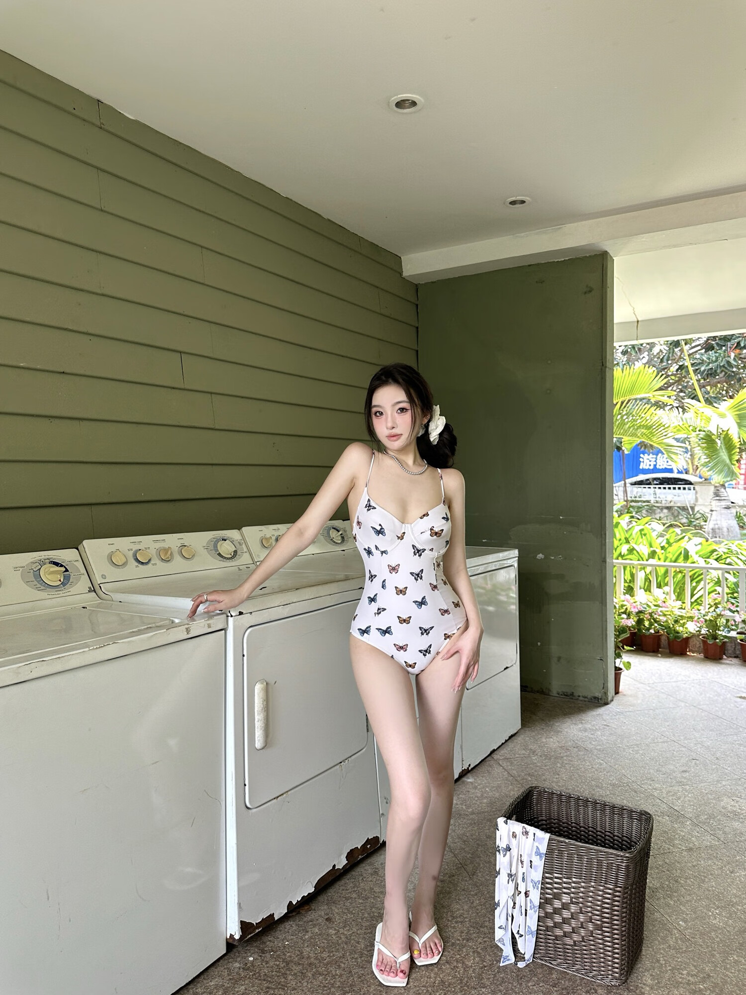 OMOM Women's One-Piece Swimsuit Sexy Pure Temptation Butterfly Print Slimming Whitening Vacation Off-White L 15