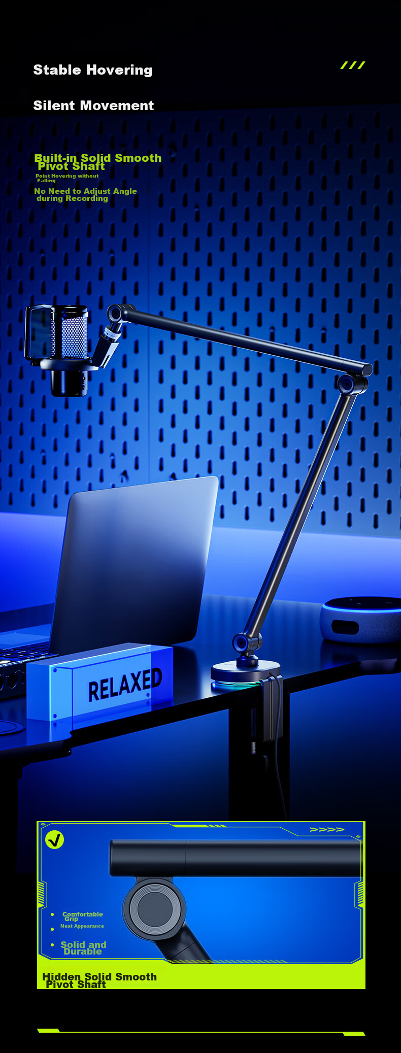 HUMANEX Microphone Stand, Suspended Arm Desktop Speaker Stand, Anchor Live Streaming, 3kg Load Capacity, Three-Section Folding Universal Live Streaming Microphone Stand, AX3G-B 4