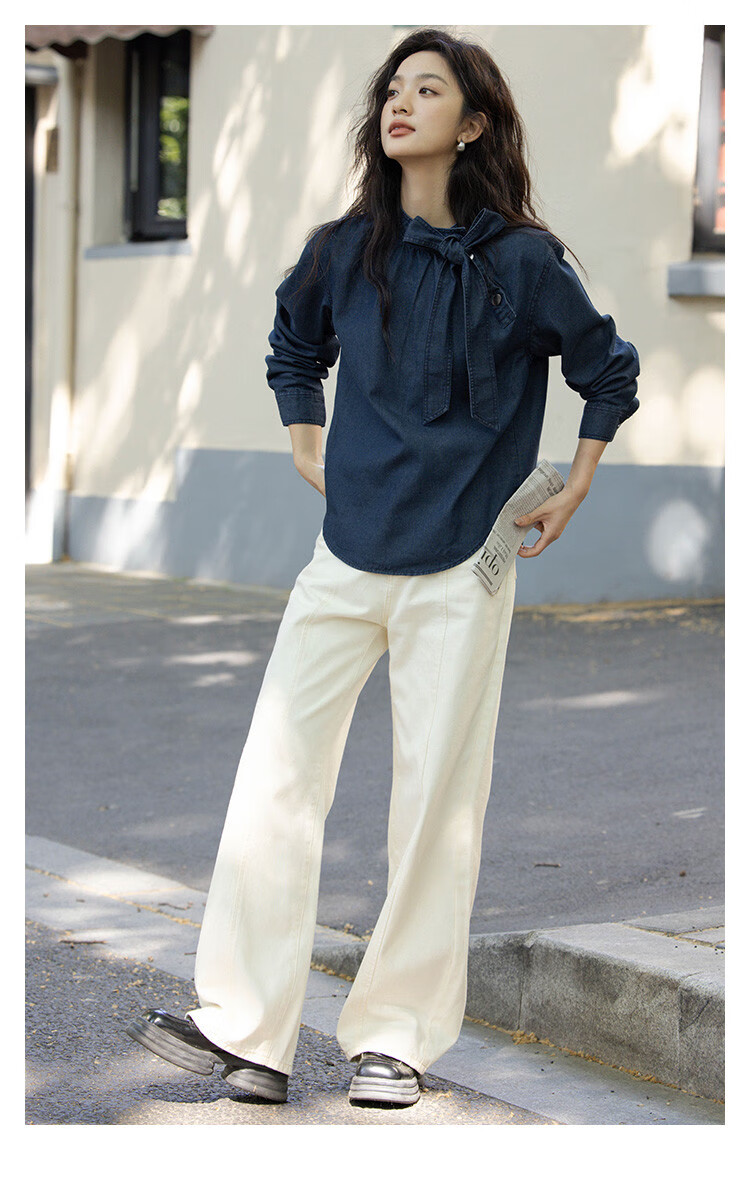 Dme [Strap Stand-Collar Shirt], Autumn Elegant Deep Blue Slanted Doorway Collar Niche Design Blouse for Wome 1