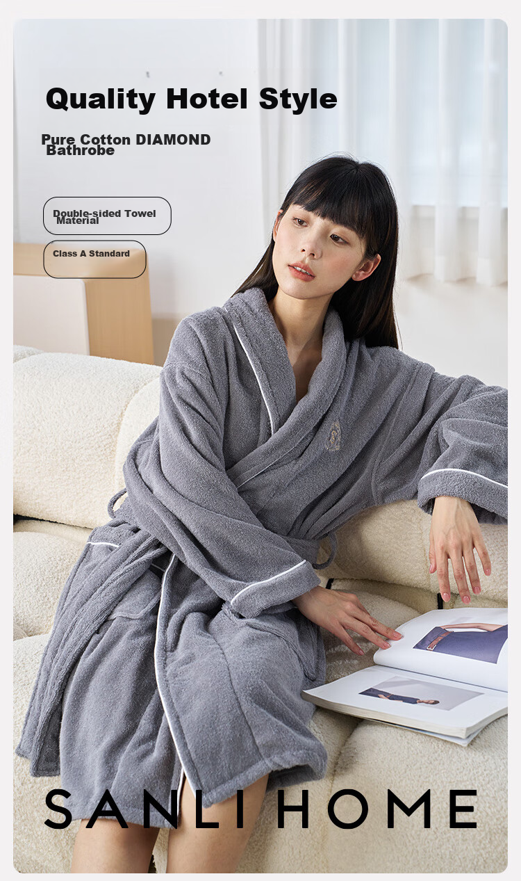 Sanli Five-Star Hotel Bathrobe, Pure Cotton, Absorbent And Quick-Drying, Adult Thin Home Bathrobe for Men And Women, Autumn And Winter Long Style Bath Towel, Gray, Size M 1