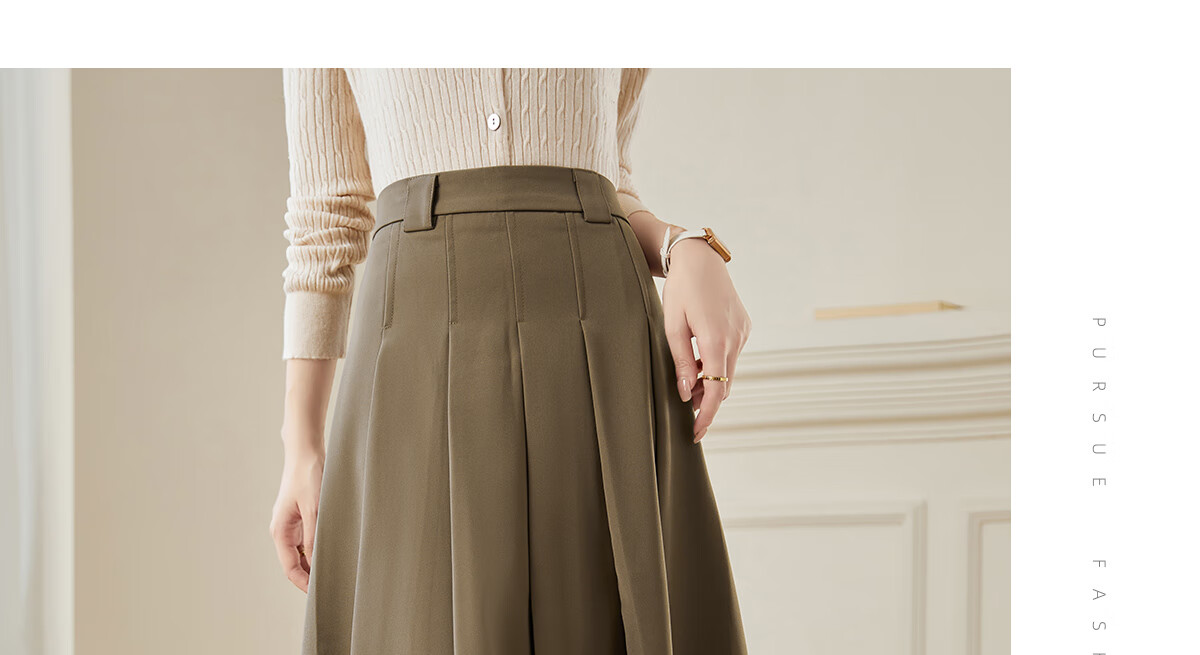 Chushen Spring And Autumn Midi Skirt for Women, Wilderness Maillard High-Waist Academic Style A-Line Design Pleated Skirt S143B2003 10