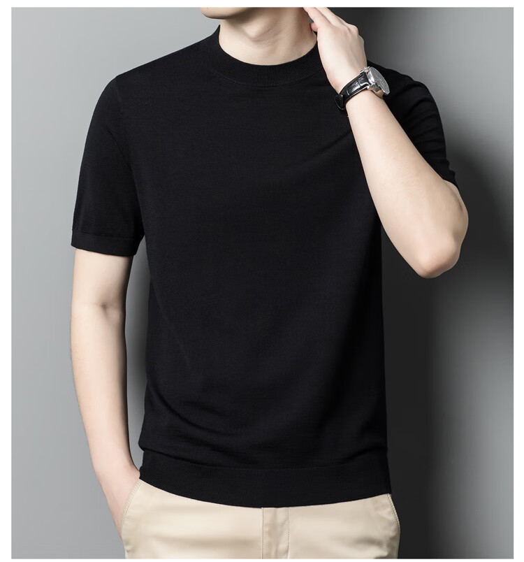 Hengyuanxiang Washable Fine-Spun Wool Sweater for Men, Thin Round Neck Short Sleeve Knitted T-Shirt Pullover, Bright Red, Size 165 21