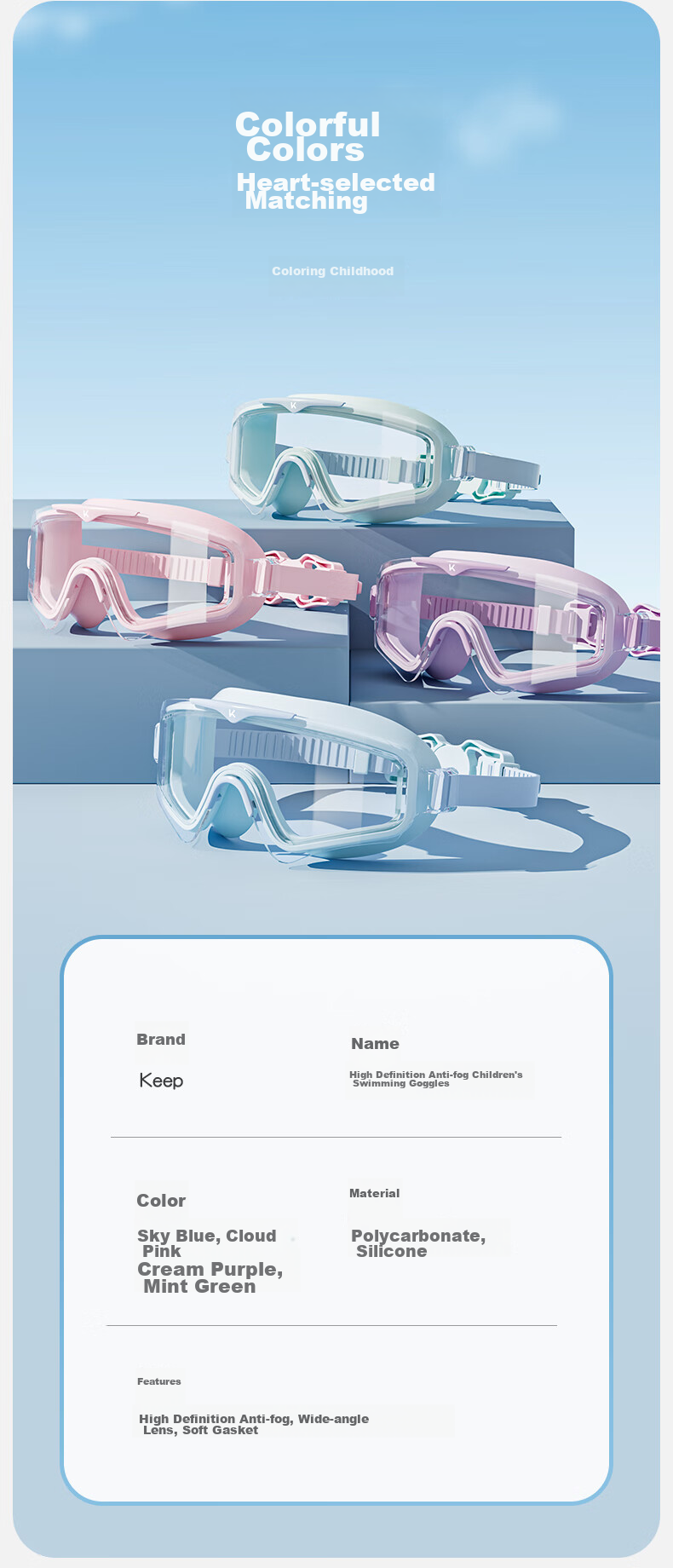 Keep Children's Swimming Goggles for Girls And Boys, Waterproof Anti-Fog High Definition Large Frame Professional Diving Equipment Swimming Cap Set 9