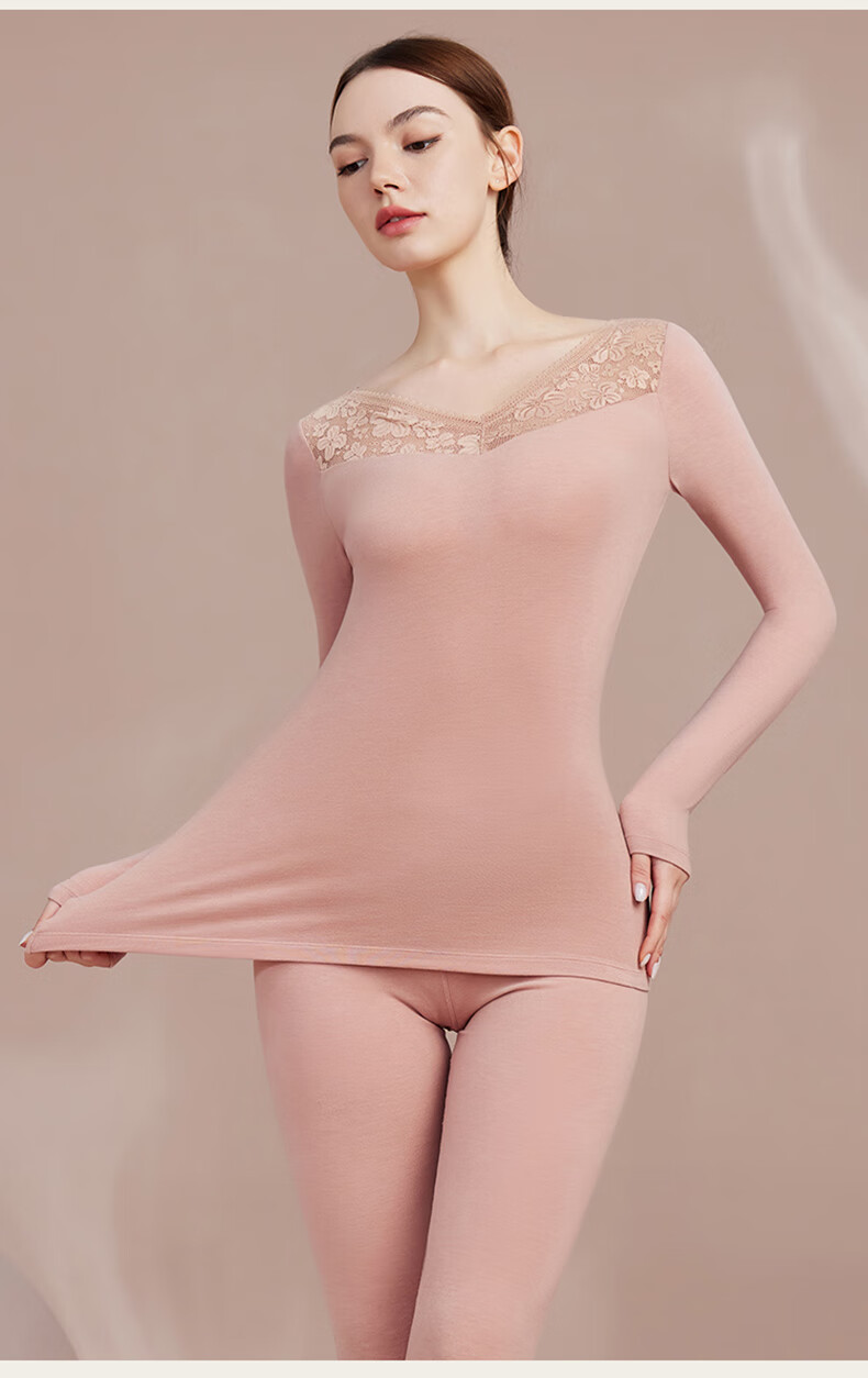 Qiulu Women's Thermal Underwear Autumn Winter Base Layer Comfortable Slim Fit V-Neck Top and Bottom Set Lotus Pink M 11