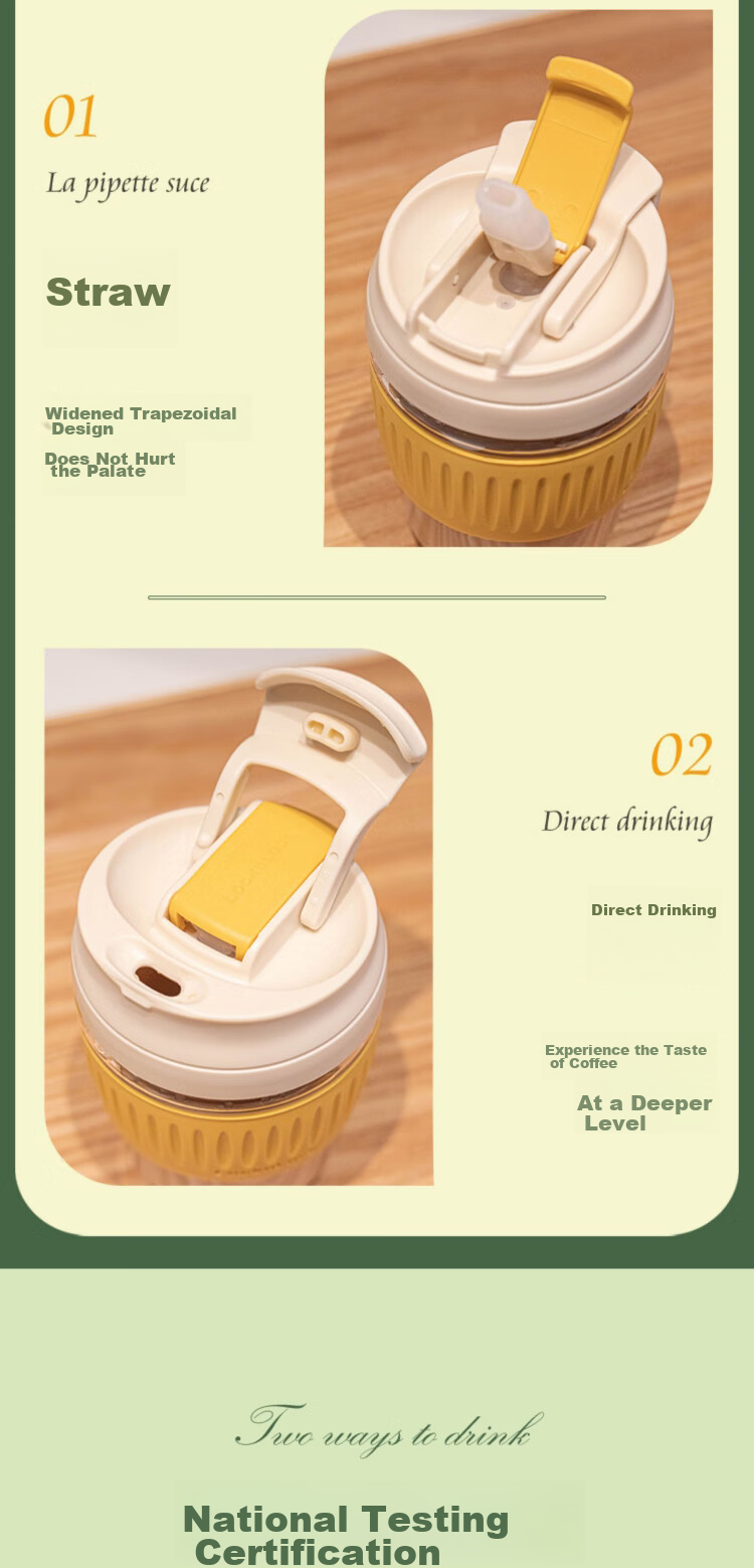 LOCK&LOCK Portable Coffee Mug Glass Cup with Straw, Handheld Cup, Cute Milk Cup, 350ML Yellow 5