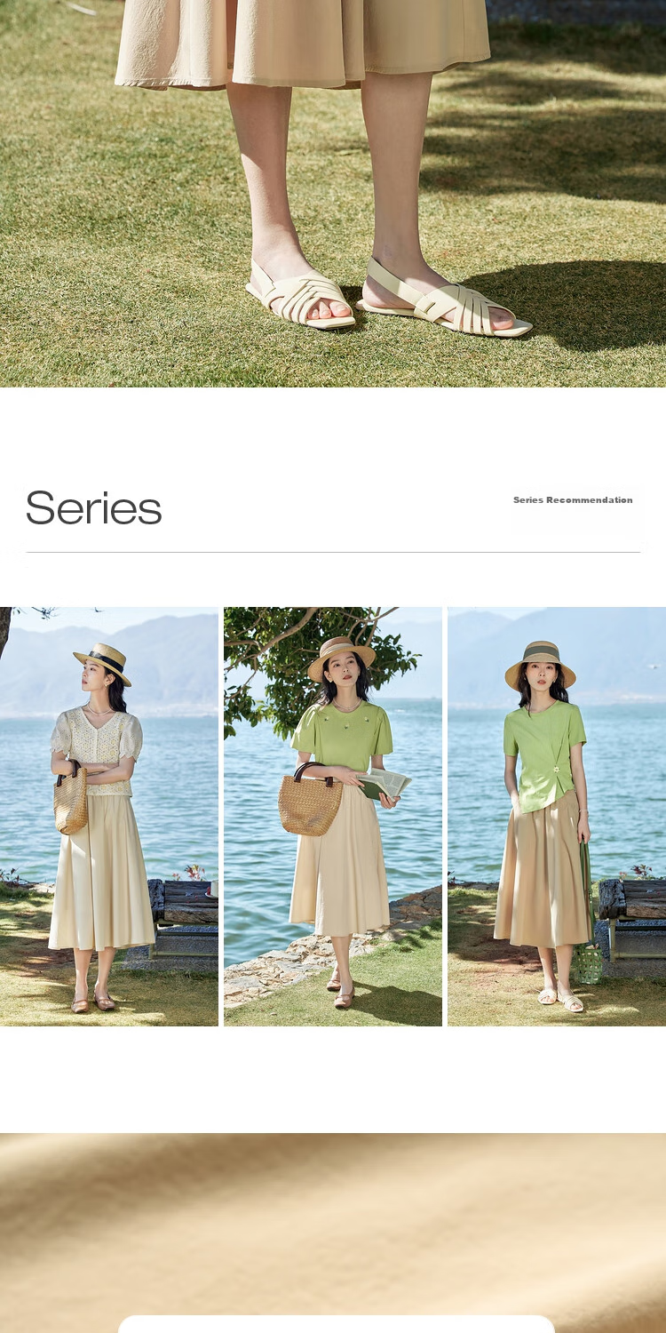 INMAN Summer Casual High-Waisted A-Line Skirt for Women, Elastic Waist, Loose Fit, Slimming, Mid-Length Skirt, Dark Khaki, Size S 3