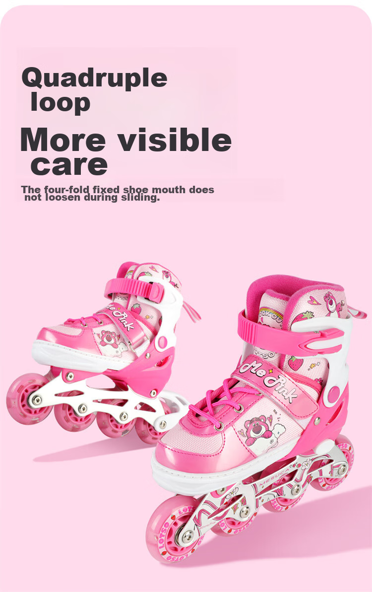 Disney Strawberry Bear Children's Roller Skates, Full Flash Inline Skates, Adjustable Ice Skates for Girls, Beginner Skating Shoes 20