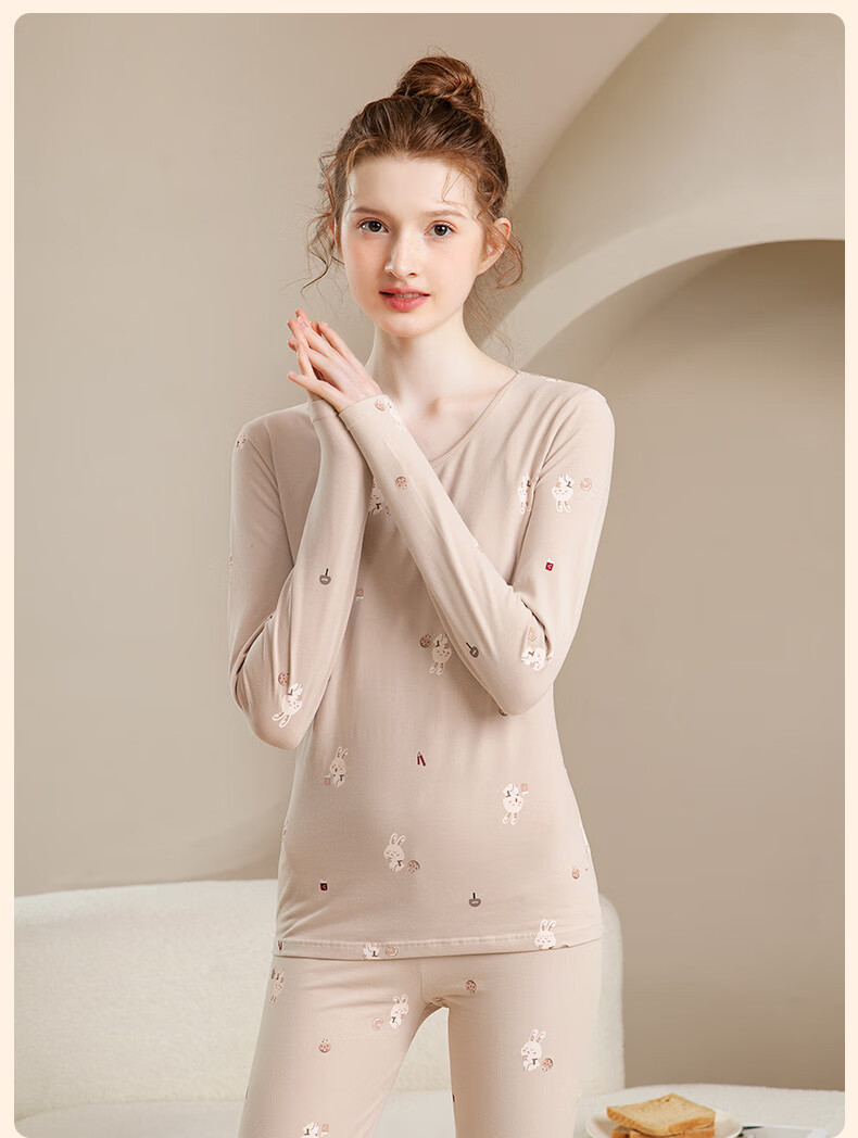 Fenteng Women's Thermal Underwear Pure Cotton 2025 New Style [Light Warm Underwear] Round Neck Small Floral Autumn Top and Bottom Set 23