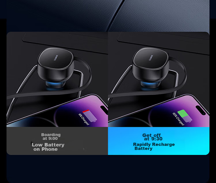 Baseus Car Charger Cigarette Lighter Three-In Super Fast Charging Adapter with Retractable Cable Compatible with Apple, Huawei, Xiaomi 9
