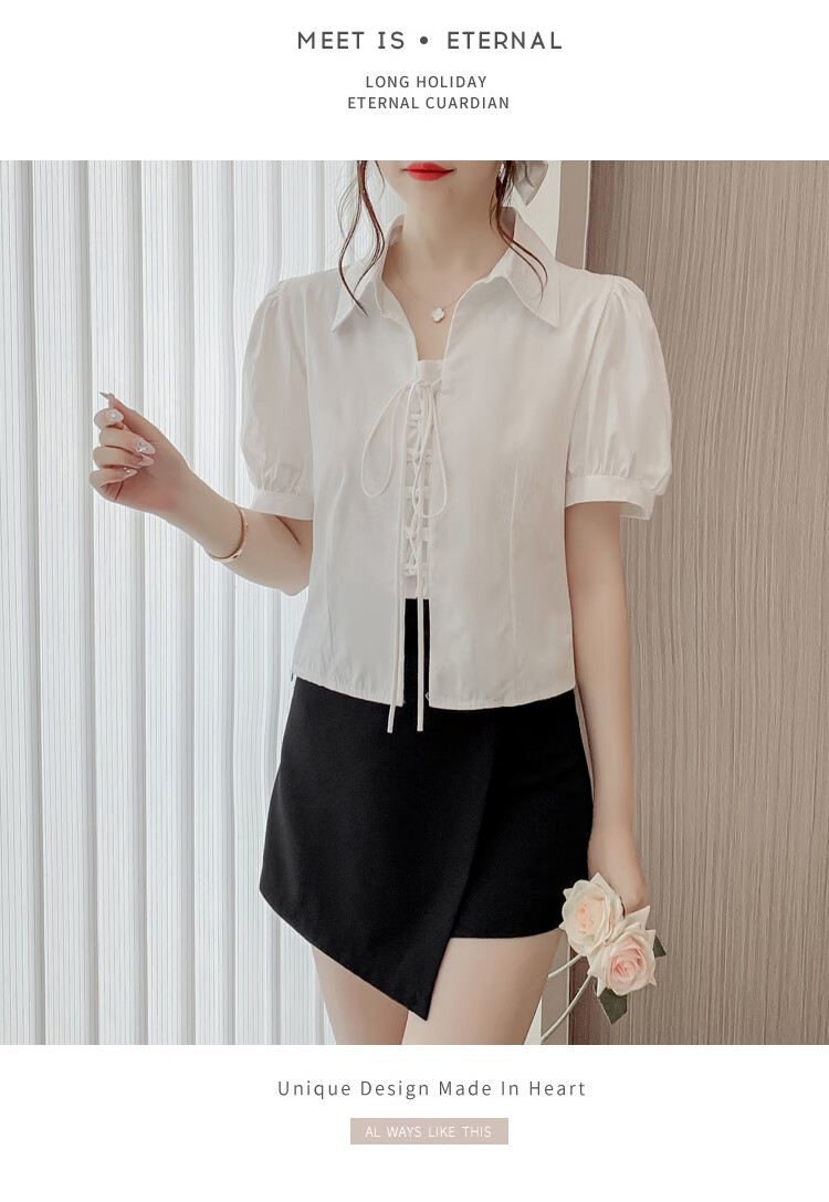 JEANSWEST Women's Summer 2025 Loose Puff Sleeve Short Sleeve Crop Shirt White L 28