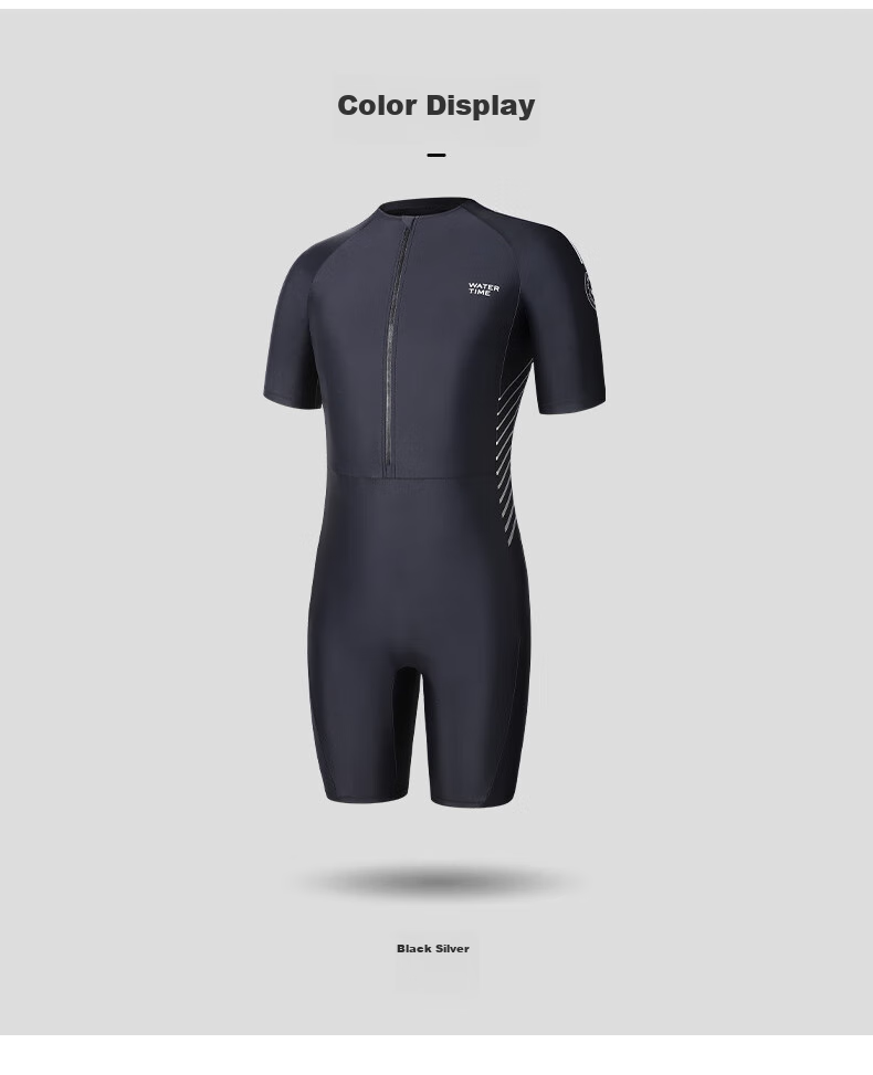 WATERTIME / Shuichuan Men's One-Piece Swimsuit with Short Sleeves, Knee-Length Diving Suit, Swimming Trunks, Black And Silver, Size M 12
