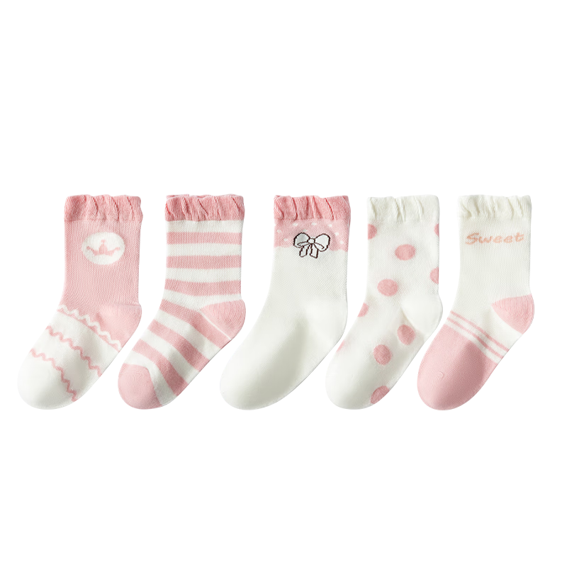MiiOW Children's Socks, Summer Girls Breathable Cute Lace Mesh Socks, Big Kids Student Cartoon Mid-Calf Socks, 5 Pairs Pack