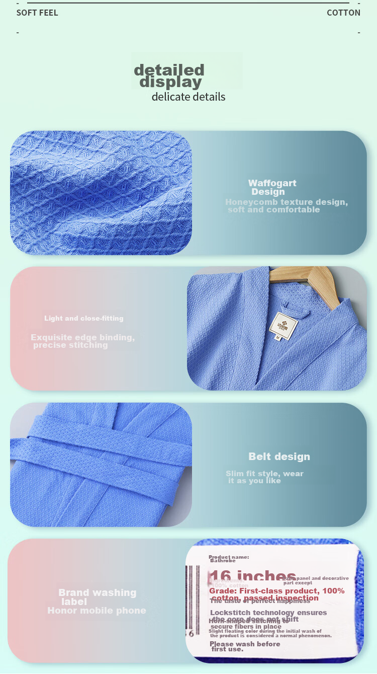 Grace Antibacterial And Anti-Mite Home Bathrobe, Pure Cotton Waffle Pattern Sleepwear for Men And Women, Five-Star Hotel Comfortable Absorbent Couple's Bathrobe 8