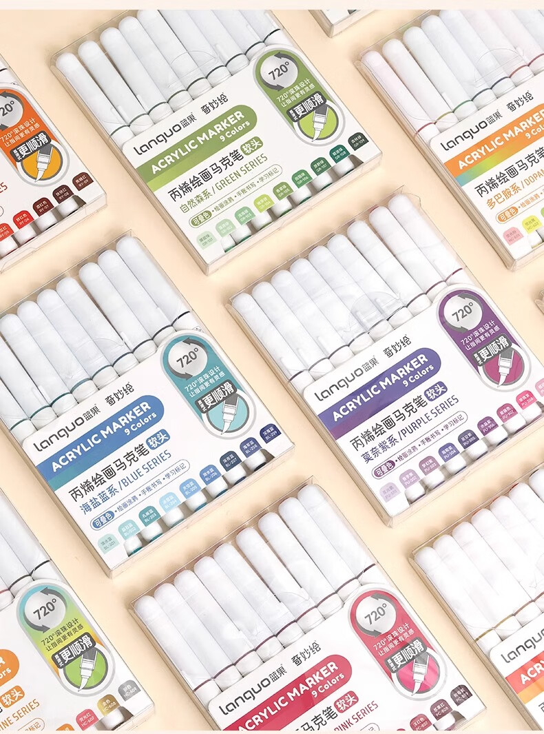 Languo Markers, Watercolor Pens, 27 Colors, Acrylic Direct Liquid Soft Tip Paint Set for Students, Art-Specific, Stackable Colors, Monet Purple + Gray-Brown + Skin Tone, 3 Boxes 12