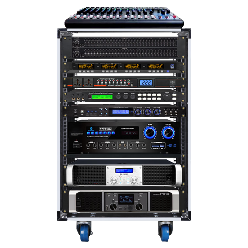 Shuledi ABS-80U Audio Rack, Speaker Cabinet, 16U Rack, Mobile Cabinet with Wheels, Equipment Case for Amplifier, Microphone, Main Unit, Mixer, Square Aviation Case, Performance Rack with Locking Doors