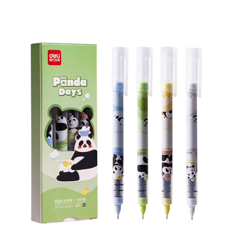 Deli Panda Direct Liquid Rollerball Pen, 0.5mm Full Needle Tube Quick-Drying Student Gel Pen Straight Liquid Pen Exam Writing Pen, Black, 4 Pens/box SF114
