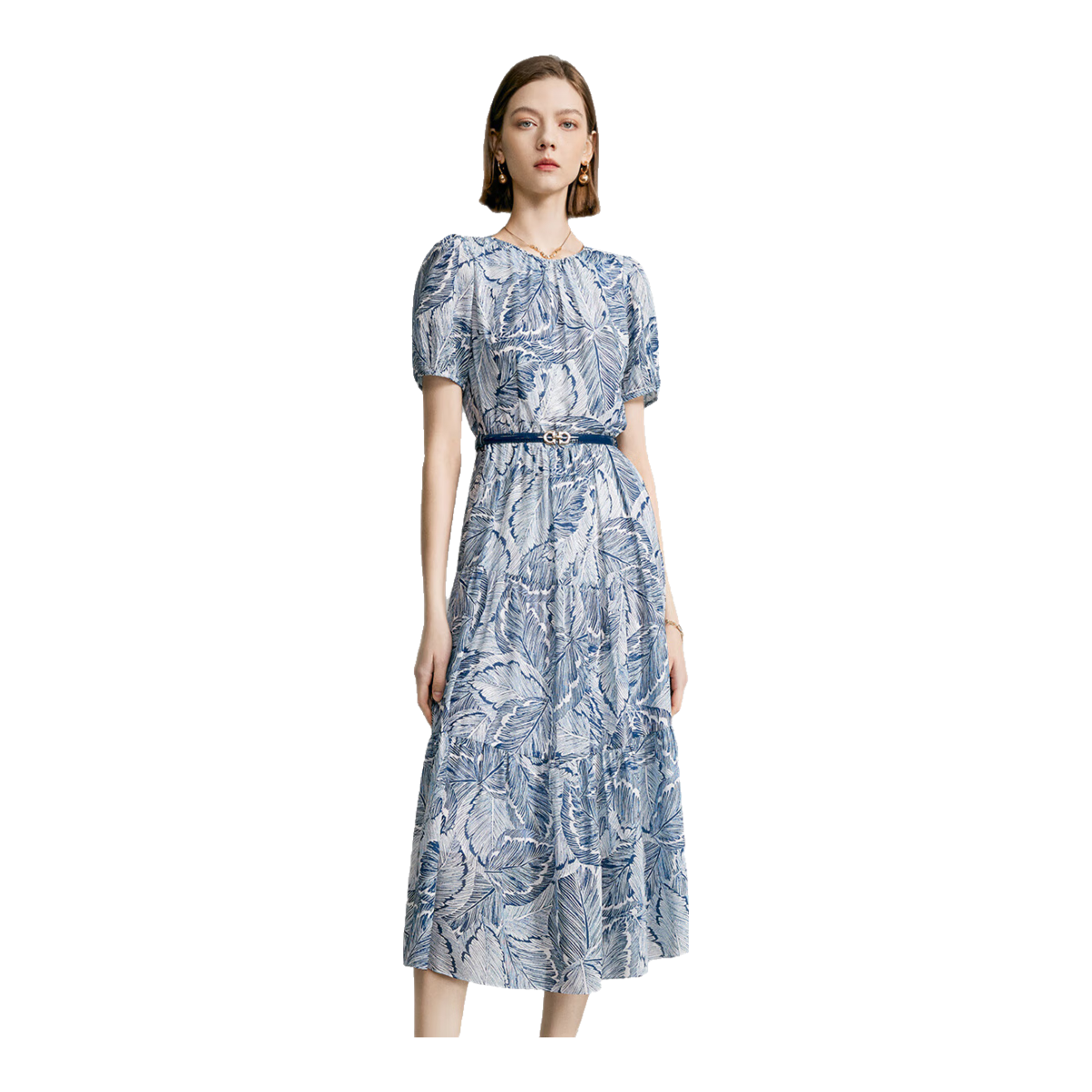 Yanyu Printed Short Sleeve Dress for Women 2026 Summer Vintage Commuter Mid-Length Round Neck Dress Blue Floral 2XL