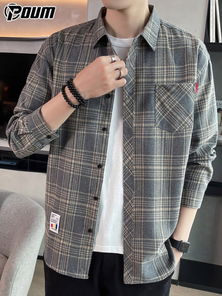 POUM Plaid Shirt Jacket for Men, Spring And Autumn Long-Sleeve Casual Shirt, Trendy Menswear, 2108 Gray, Size L 6