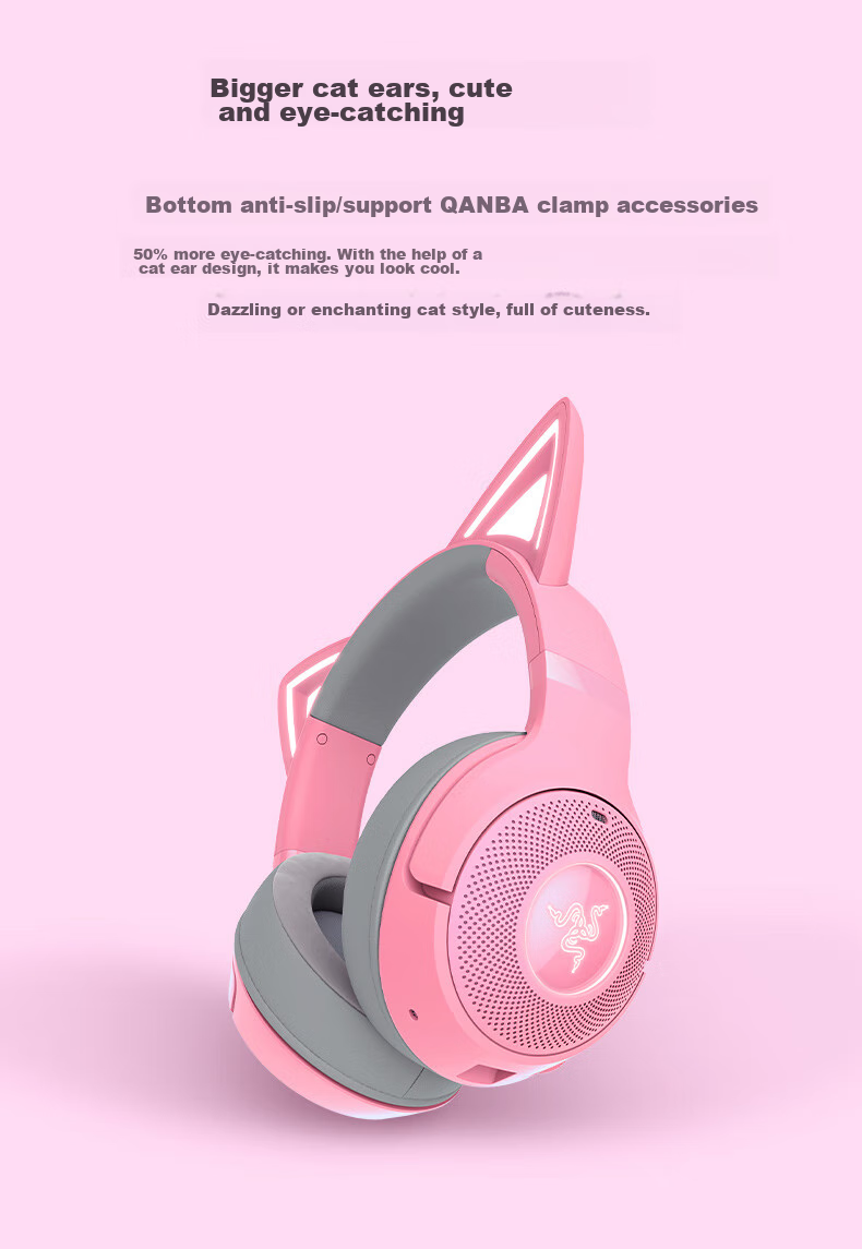Razer North Sea Giant Cute Cat Edition V2 Bluetooth Version Wireless Over-Ear Gaming Headset Internet-Famous Cat Ears RGB Lighting PUBG Essential Pink Compatible with Delta Actio 3