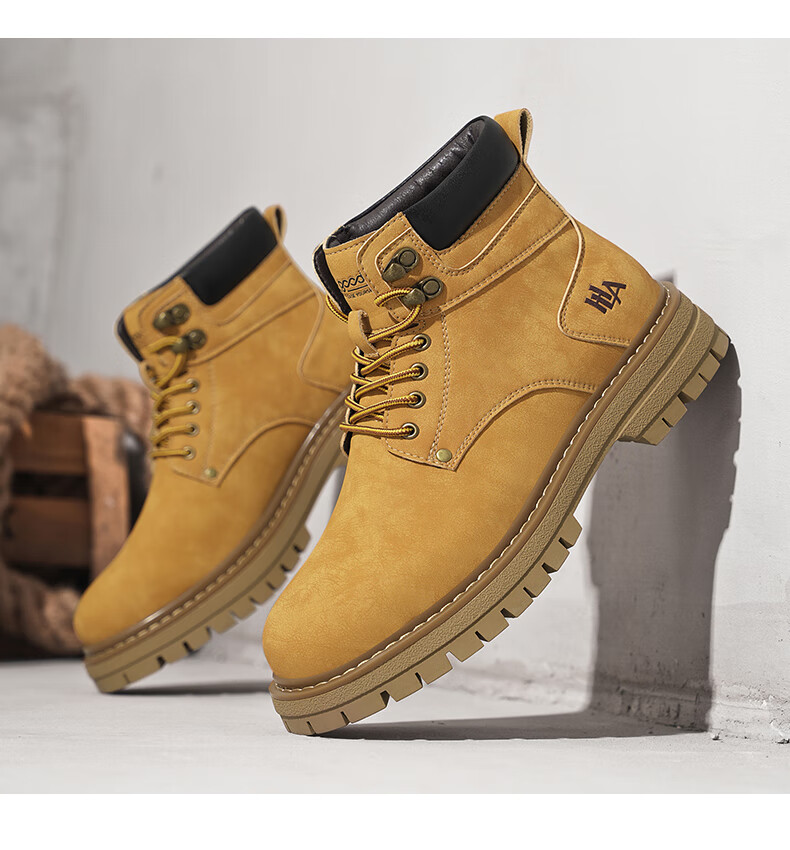 HLA Couple Boots, Yellow Boots for Men, Comfortable Thick-Soled Martin Boots, Men's Style T249, Earth Yellow Color, Size 42 14
