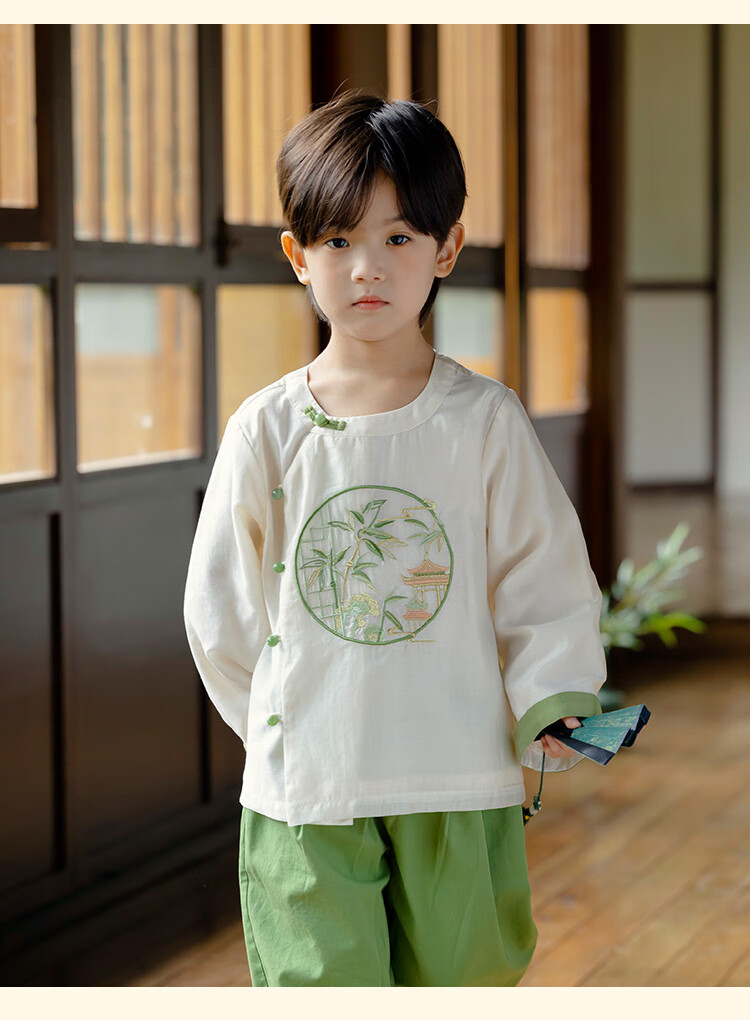 Menghu Zhujing Hanfu Boys' 2026 New Style Chinese-Style Children's Traditional Costume Graduation Performance Top, Off-White, Size 100 16