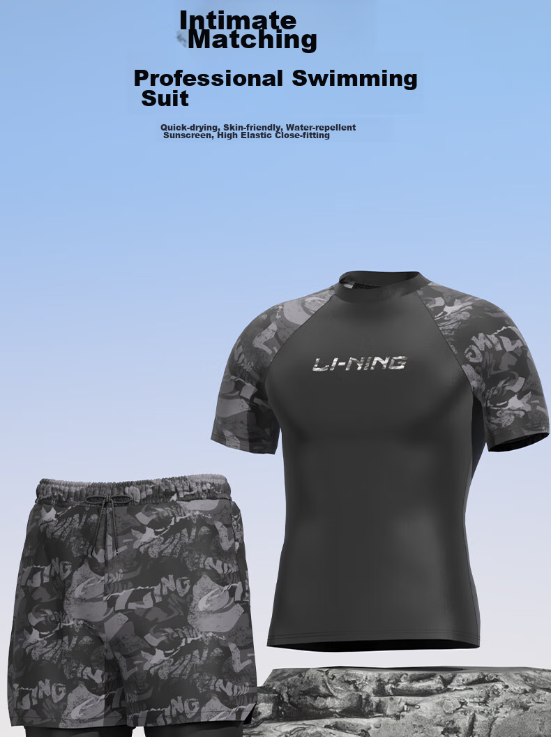 Li-Ning Men's Swim Trunks, Double-Layer Anti-Embarrassment Swimwear Set, Comfortable High-Elasticity Water And Land Dual-Use Two-Piece Set, 86-33 Black And Gray, XL 24