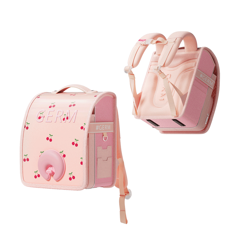 Germ Backpack for Primary School Students, Ultra-Light Spine Protection, Girls' Children's Schoolbag for Grades 1-3, Large Capacity Anti-Drop, Pink Cherry