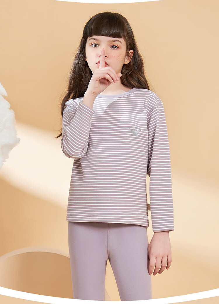 LangSha Children's Thermal Underwear Set, Girls' Autumn And Winter Yang Ion Fleece Pajamas, Home Wear, Girls' Autumn Top And Pants Set, Pink-Wide Stripes, 130 (Recommended Height 120-130cm) 16