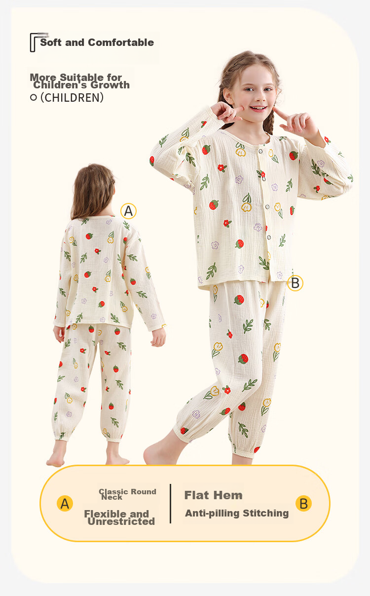 LangSha Children's Pajamas for Girls, Summer Pure Cotton Gauze Sleepwear for Older Children And Teenagers, Home Wear Set with Long Sleeves, Suitable for Outdoor Wear 1