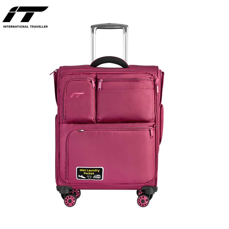 INTERNATIONAL TRAVELLER British IT Suitcase Check-In Luggage with Spinner Wheels, Ultra-Light Travel Case with Multiple Pockets, 24-Inch Soft Case, 1157 Red
