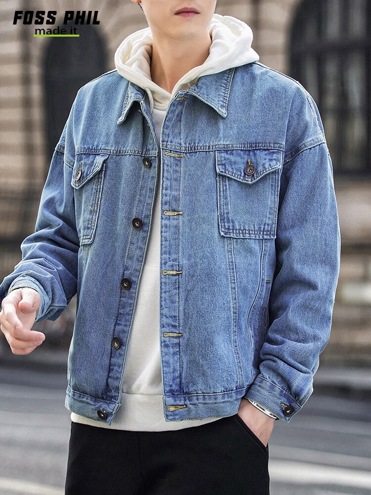 Foss Phil Men's Denim Jacket, Spring And Autumn Casual Retro Trendy Loose Fit Hong Kong Style Workwear Jacket Top FPJK4 Black XL 12