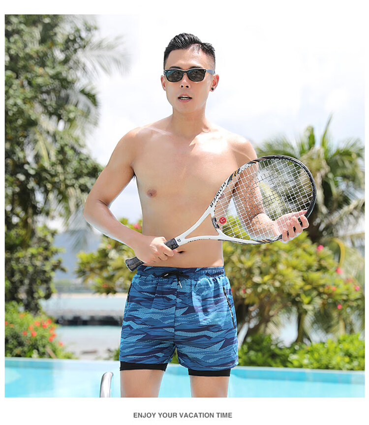 F.DYRAA Men's Swim Trunks, Anti-Embarrassment Double-Layer Quick-Dry Loose-Fit Large Size Hot Spring Swimming Trunks Three-Piece Set 26070 Black 2XL 16