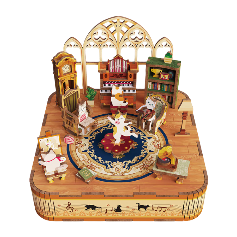 Tongqu Cat's Happy Assembly Music Box, Rotating Building Blocks Toy, Wooden Puzzle, Handmade 3D Ornament, Birthday Gift for Wome
