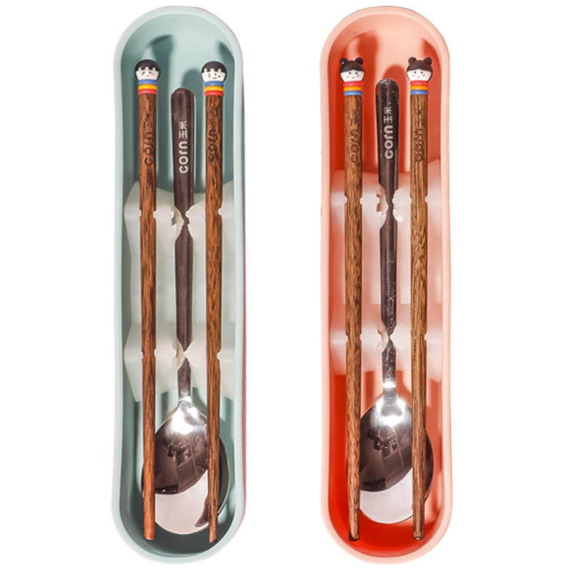 CORN Children's Portable Tableware Set for Elementary School Students: Cute Chopsticks And Spoon Storage Box, Three-Piece Set for Dining Out