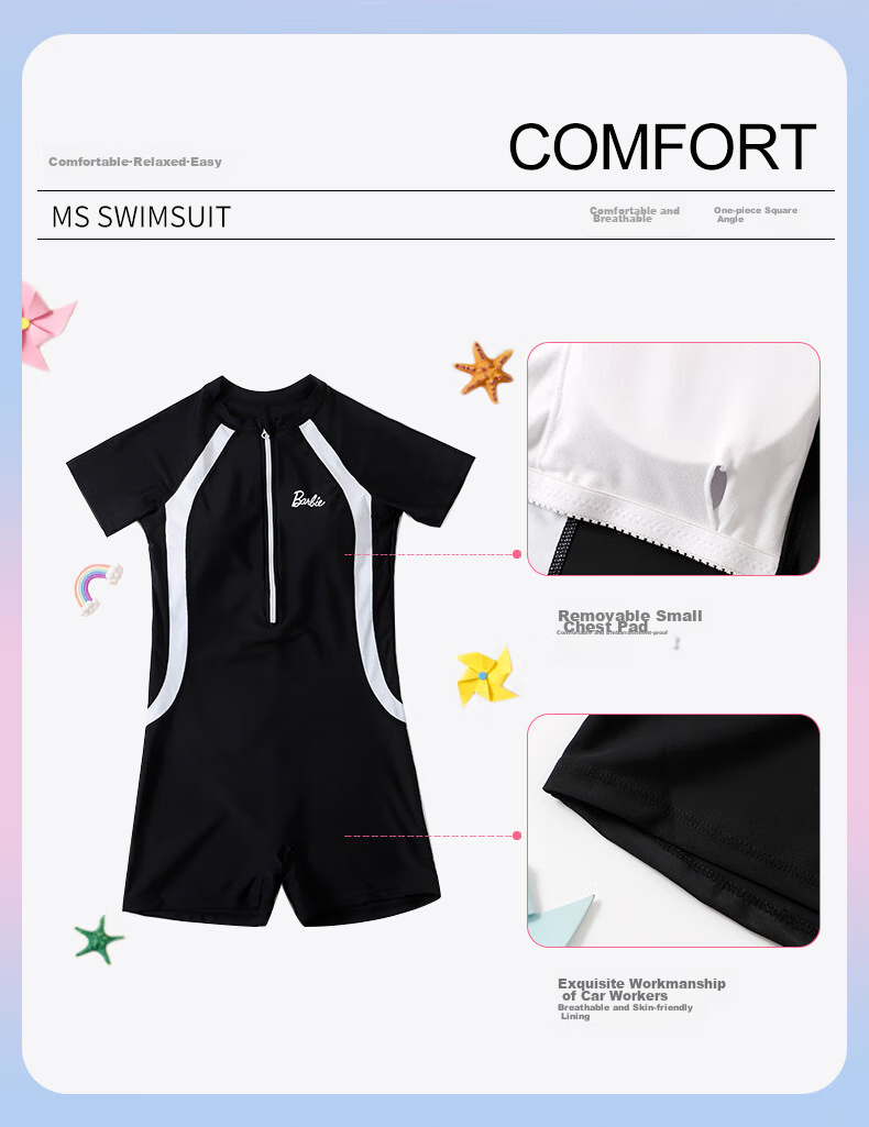 Barbie Children's Sun Protection Swimsuit One-Piece Dress for Older Girls, Conservative Swimwear for Elementary, Middle And High School Training for Young Wome 34