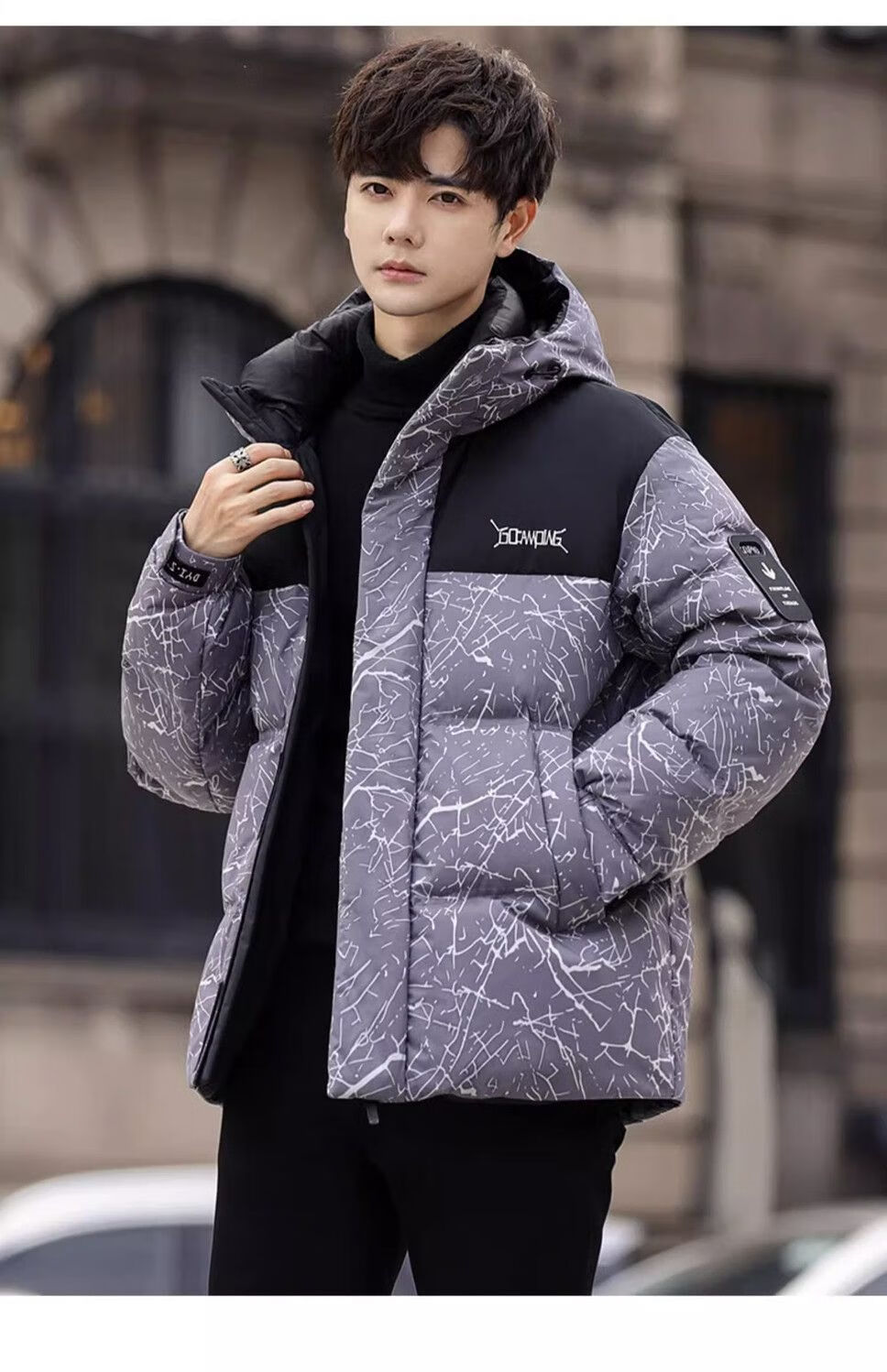 YAYA Wang Yibo Same Style down Jacket, Men's Short Hooded Coat, 2025 Winter New Year Patchwork Color-Block Duck Down Outerwear 16