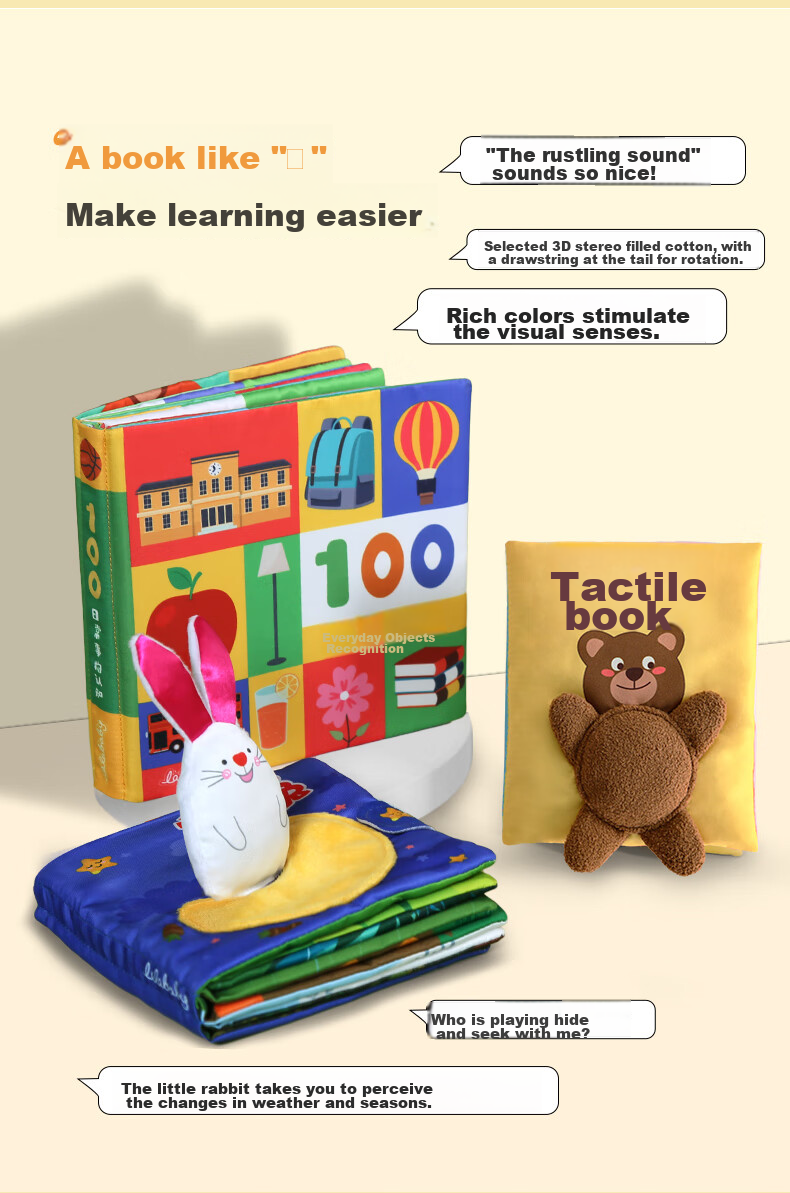 LALABABY Baby Cloth Book, Early Education Tear-Resistant Infant Toy, Touch And Feel Gift Box Set, 4 Pieces 4